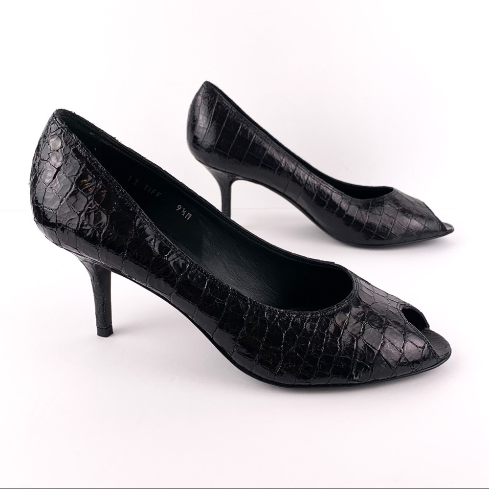 Donald J. Pliner Couture black mock croc patent leather peep-toe heels, size 9.5